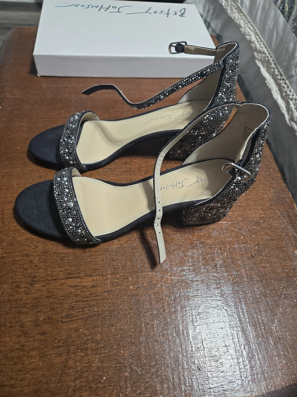 Betsey Johnson Black Crystal-Embellished Ankle-Strap Heels